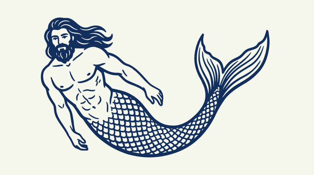 Majestic Merman Character Vector Illustration, Stylized Mythological Sea Creature Logo Icon, Powerful Aquatic Humanoid Pose, Nautical Fantasy Design Isolated Object