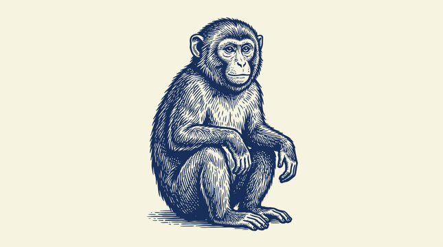 Artistic stylized engraving of a monkey sitting in profile, vintage woodcut style primate sketch, hand drawn vector illustration of an ape mammal, isolated black and white graphic line art.