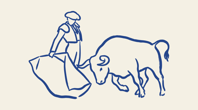 Minimalistic hand drawn brush stroke illustration of a brave matador facing a powerful bull in a primitive artistic style with expressive black ink lines on a clean white background.