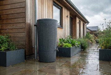 Obraz premium Tall slim grey rain barrel connected to metal downspout outside modern timber home