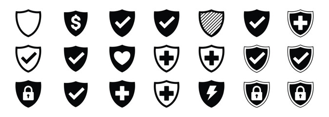 Shield with Check Mark Icon Set Featuring Security Protection Symbol, Verified Tick Mark, Secure Lock Concept, and Privacy Assurance Vector Illustration © Sidratul Muntaha