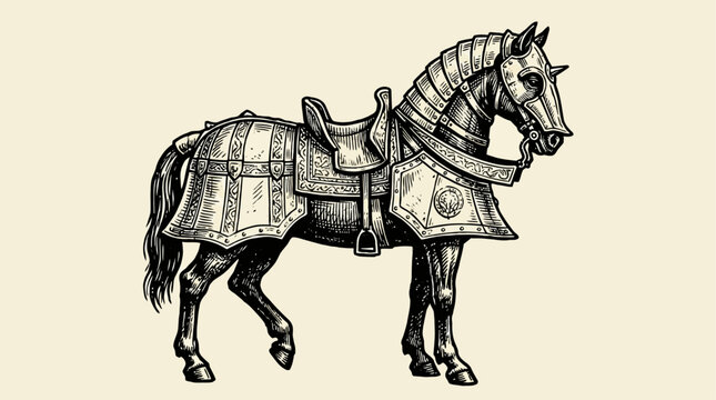 Intricate Medieval Warhorse in Steel Armor, Vintage Retro Engraving Illustration, Historical Knight Steed Silhouette, Isolated Black Vector Icon of Equine Cavalry with Protective Iron Barding.