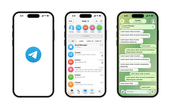 Telegram mockup. Telegram logo. Set telegram screen social media and social network interface template.