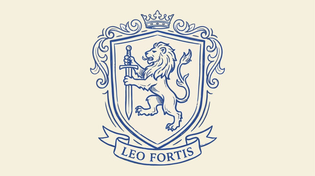 Majestic royal lion holding a sharp silver sword in a heraldic vector illustration, vintage emblem design for a coat of arms, noble feline predator mascot sign for corporate identity.