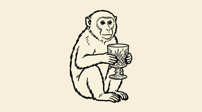 Vintage Black Flat Engraving Illustration of a Curious Macaque Monkey Holding an Antique Crystal Drinking Glass, Retro Woodcut Style Primate Art Print for Historical and Botanical Decor.