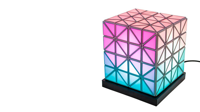 Glowing colorful neon geometric cube lamp decoration isolated on a transparent background tech asset