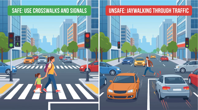 Illustration showing safe and unsafe pedestrian crossing practices in a city with cars and traffic lights