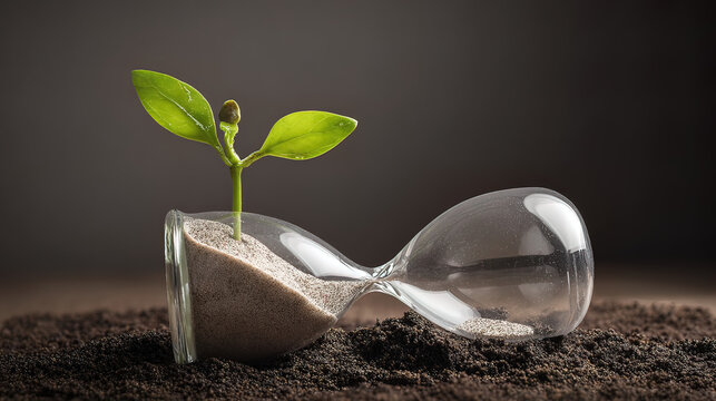 A cracked hourglass spilling sand onto a young sapling, representing premature time pressure.
