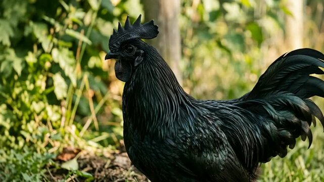ayam cemani close up in java indonesia morning sunlight video