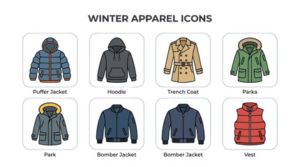 Winter clothing icon set with jacket parka hoodie and vest © Muta