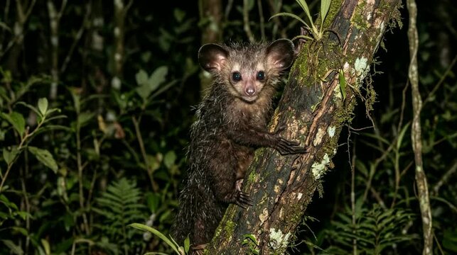 aye aye on madagascar rainforest tree close up video