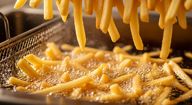 Golden french fries being deep-fried in bubbling oil, representing a popular fast-food staple and a common comfort food.