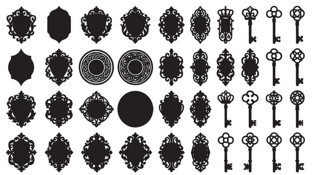 Vintage ornate frames and antique keys collection, 40 decorative black silhouette elements, victorian filigree borders and skeleton key vector set