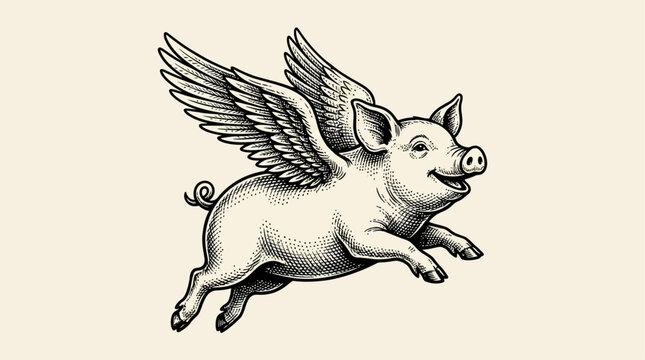 Surreal Airborne Pig with Majestic Wings in Vintage Woodcut Engraving Style, Black Isolated Retro Swine Icon Vector Illustration for Creative Fantasy Design and Mythical Concept Art Decor.