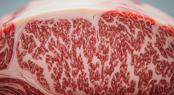 Close-up of red and white marbled meat texture, showcasing rich marbling, symbolizing quality, premium ingredient, and culinary excellence