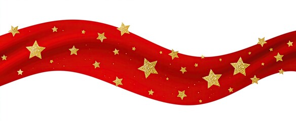 Obraz premium A crisp white background highlights a flowing red banner decorated with sparkling gold stars, creating a festive atmosphere.