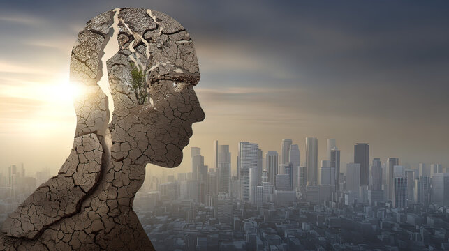A fragmented human silhouette with hidden cracks, symbolizing unseen health threats and fragility.
