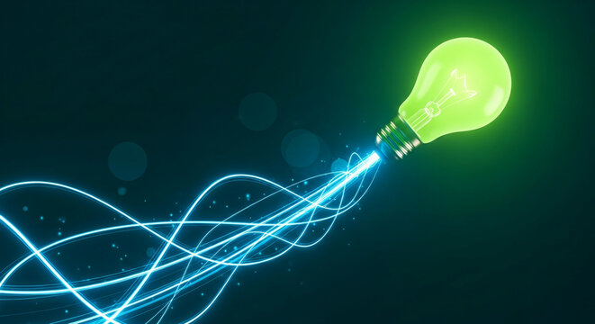 A glowing green lightbulb emits vibrant blue energy trails, symbolizing innovation, idea generation, and bright concepts against a dark background