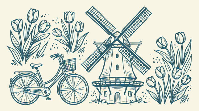 Handcrafted artistic sketch of a traditional Dutch windmill landscape featuring a classic bicycle and blooming tulips in a linear vector illustration style representing Netherlands culture.