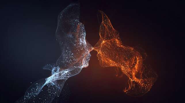 Abstract magnetic forces between two silhouettes, with glowing particles showing attraction.
