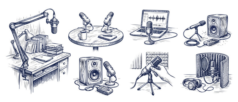 Podcast equipment hand drawn sketch set featuring vintage audio recording studio gear microphones laptop and speakers for broadcasting radio streaming and voiceover isolated illustration doodle collec