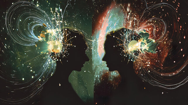 Abstract magnetic forces between two silhouettes, with glowing particles showing attraction.
