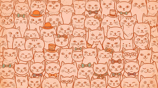 A vibrant collage of hand-drawn cats adorned with various accessories, symbolizing joy, playfulness, and a lighthearted community