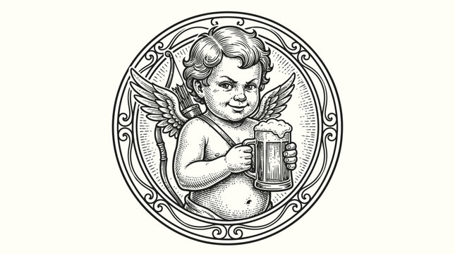 Charming winged cherub holding a frothy tankard of golden ale in a classic retro black woodcut engraving style, ideal for a pub mascot, brewery emblem, or vintage festival logo design.