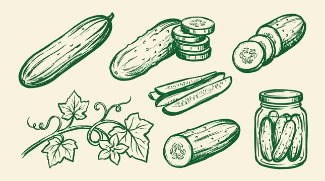 Detailed hand-drawn set of fresh cucumber vegetable sketch, organic green farm icon, doodle illustration of pickle and salad ingredient, culinary graphic art design elements on white background.