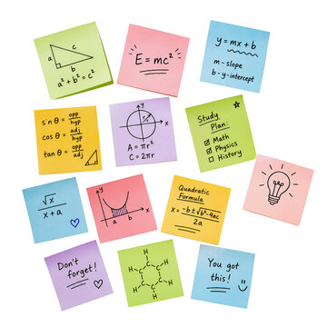 Colorful sticky notes with math formulas and study reminders cut out