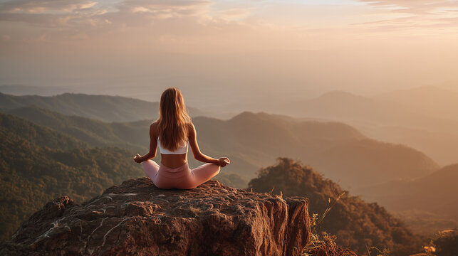 Serene back view of a young woman meditating in lotus pose on rocky mountain peak at sunset, yoga, mindfulness, peace, nature, wellness, freedom, balance, outdoor meditation, spiritual calm,copy space