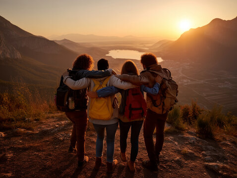 Back view of a group of four diverse friends huddling together with arms around each other on a mountain hill, celebrating victory and watching a golden sunset, friendship, unity, success, travel, joy