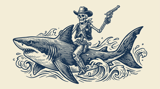 Vintage Engraving Vector Illustration of a Skeletal Cowboy Riding a Great White Shark Holding a Revolver, Hand Drawn Sketch in Woodcut Tattoo Style for Retro Graphic Design and Poster Art