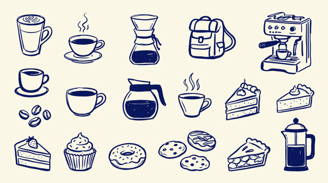 Detailed coffee and dessert doodle icon set featuring espresso cup sweet pastry donut cake slice and cafe equipment in a whimsical vector illustration style on white background
