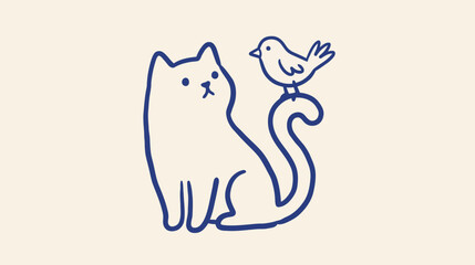 Naklejka premium Whimsical feline character observing a small perched avian creature in a naive folk art style, hand-drawn charcoal aesthetic, minimalist doodle vector illustration for creative projects.