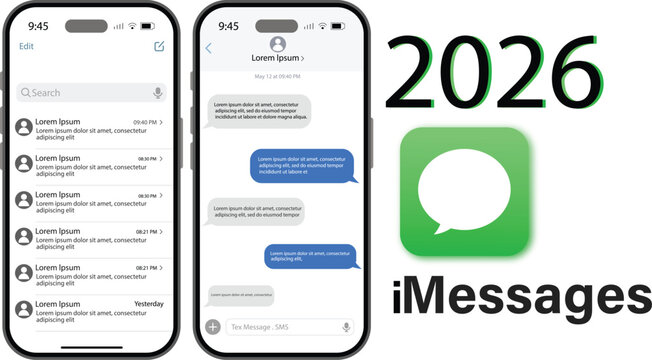 apple imessage interface mockup on iphone 17 pro max with ios 26 showing messages app. Chat Screen, Messaging and Text UI on iPhone 2026. Editorial vector. Chat Screen, Messaging and Text on smartphon