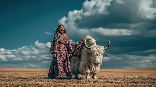 Outdoor adventure explore. A vivid portrayal of a woman in traditional attire standing beside a white yak in a vast, open field. The woman wears a long.