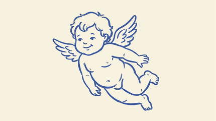 Naklejka premium Blue brush stroke line art vector illustration of a celestial cherub angel with majestic feathered wings, artistic ethereal sketch of a divine mythological child figure in sapphire ink.