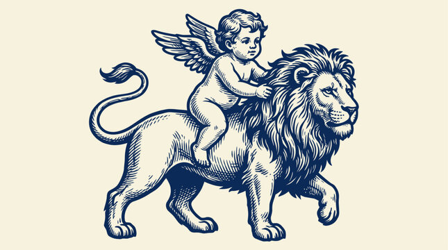 Vintage woodcut engraving of a mystical cherub riding a majestic lion, intricate antique vector illustration with classic line art detail, mythological angel and beast artwork