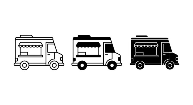 Food Truck Icons Set: Mobile Kitchen Vehicle Vector Graphics, Street Food Business Service, Urban Cuisine Transport