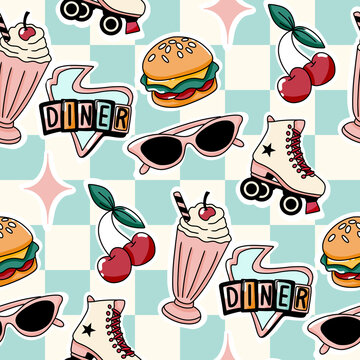 Retro 1950s diner seamless pattern with roller skates milkshakes burgers sunglasses and cherries on checkered background