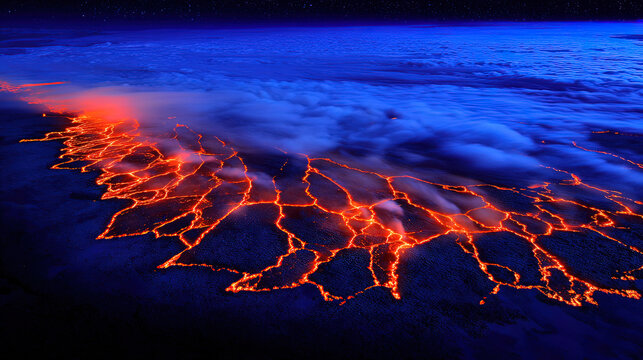 Deep blue ocean waves with glowing cracks beneath the surface, hinting at volcanic activity.
