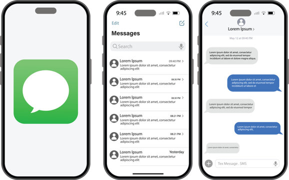 New Smartphone Messaging App. Social media chat UI frame template for iPhone. text conversation bubbles, and keyboard UI for modern Apple chat design. Editorial vector

