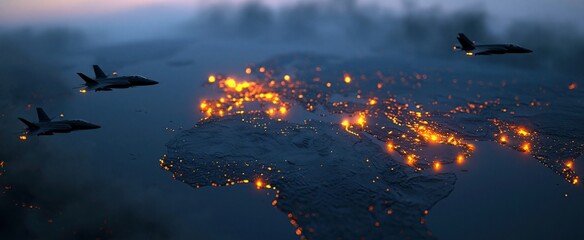 Obraz premium At dusk with smoky skies, a futuristic map highlights Middle East conflict zones and flying fighter jets.