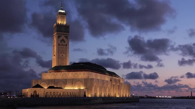 Great Mosque of Hassan II at night. Casablanca, Morocco, North Africa
