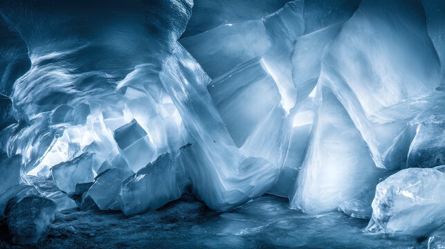 Subglacial rivers of glowing liquid flow beneath geometric ice, casting surreal refractive light patterns.
