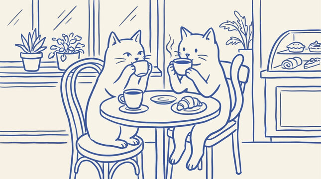 Whimsical naive line art vector illustration of a domestic feline sitting at a cozy bistro table sipping hot coffee from a mug, minimalist hand-drawn black and white sketch for design project.