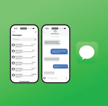 iMessage Mobile App Interface Mockup, Chat Screen, Messaging and Text on smartphone. text conversation bubbles, and keyboard UI for modern Apple chat design. Editorial vector
