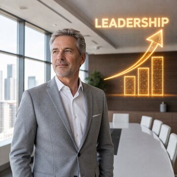 Confident middle-aged caucasian businessman standing in boardroom beside glowing hologram bar chart and leadership text