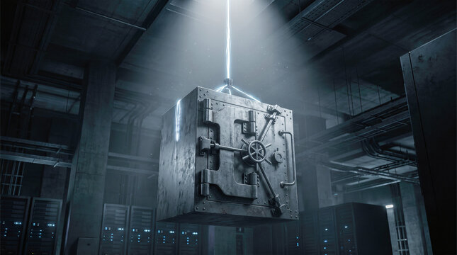 Heavy metallic steel bank safe hanging suspended inside dark industrial server room illuminated by dramatic top light representing secure digital data